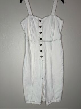Zara Women's Cream Denim Button Front Contrast Stitch Sleeveless Dress Size Larg